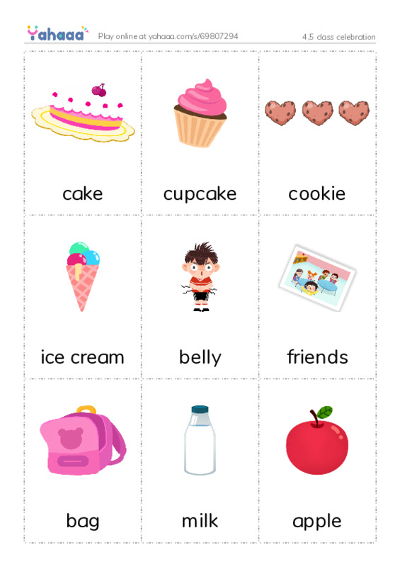 Picture flashcards worksheet for 4,5 class celebration