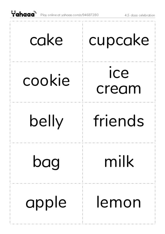 Word flashcards worksheet for 4,5 class celebration