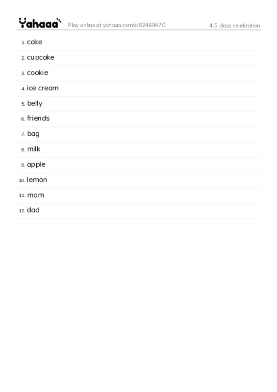 Word list with meanings worksheet for 4,5 class celebration
