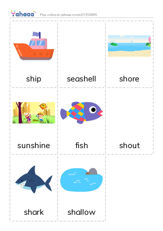 Picture flashcards worksheet for ship, seashell, shore and 5 more