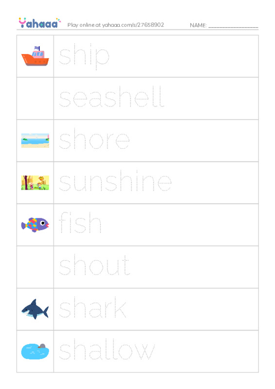 Picture and word rows worksheet for ship, seashell, shore and 5 more
