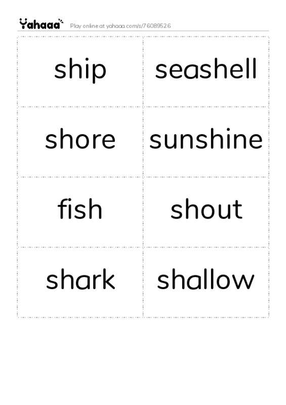 Word flashcards worksheet for ship, seashell, shore and 5 more