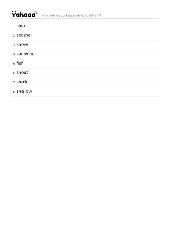 Word list with meanings worksheet for ship, seashell, shore and 5 more