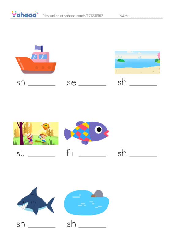 Finish the word worksheet for ship, seashell, shore and 5 more