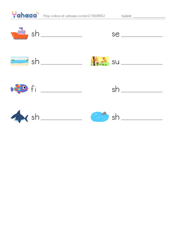 Write the word rows worksheet for ship, seashell, shore and 5 more
