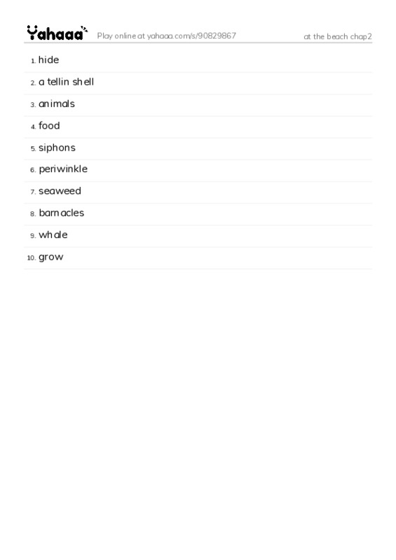 Word list with meanings worksheet for at the beach chap2