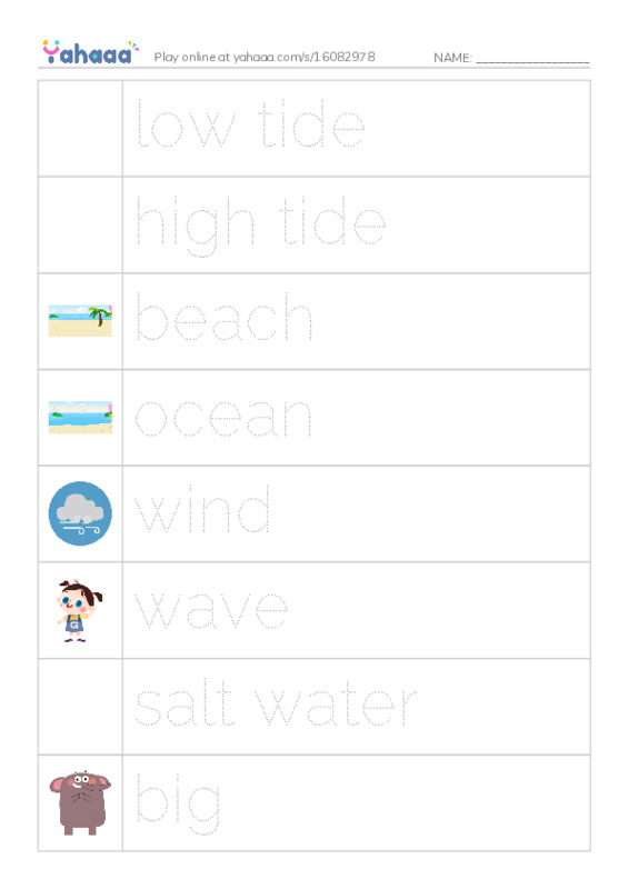Picture and word rows worksheet for At the beach chap1