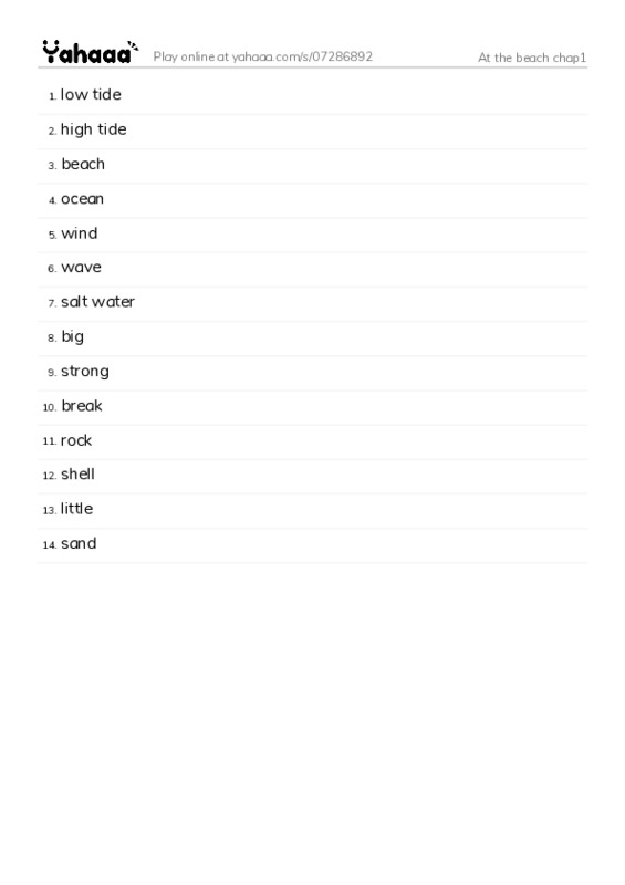 Word list with meanings worksheet for At the beach chap1