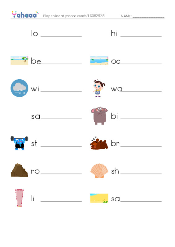 Write the word rows worksheet for At the beach chap1