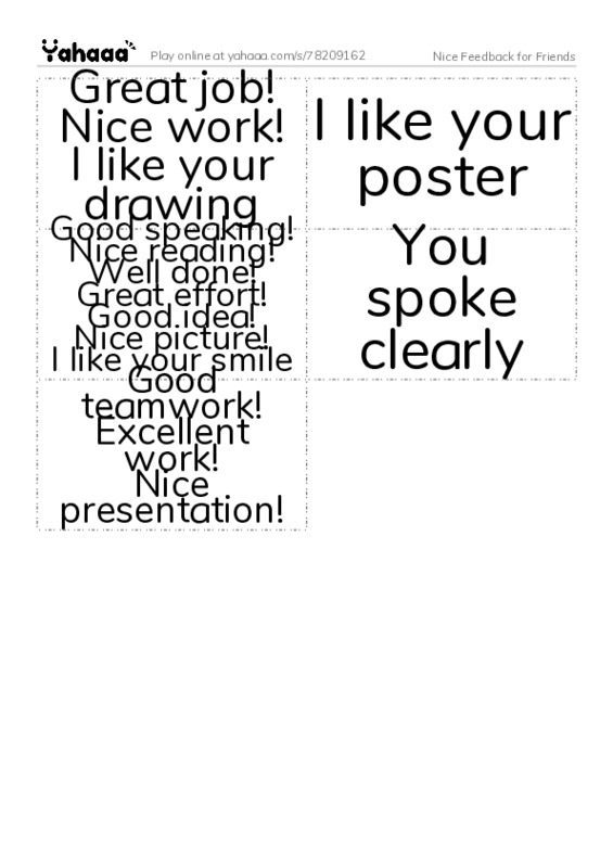 Word flashcards worksheet for Nice Feedback for Friends