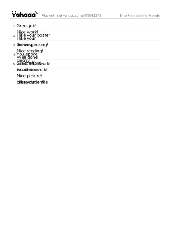 Word list with meanings worksheet for Nice Feedback for Friends