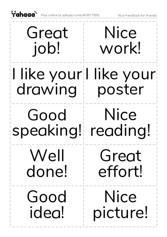 Word flashcards worksheet for Nice Feedback for Friends