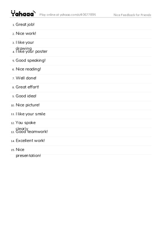 Word list with meanings worksheet for Nice Feedback for Friends