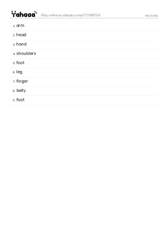 Word list with meanings worksheet for my body