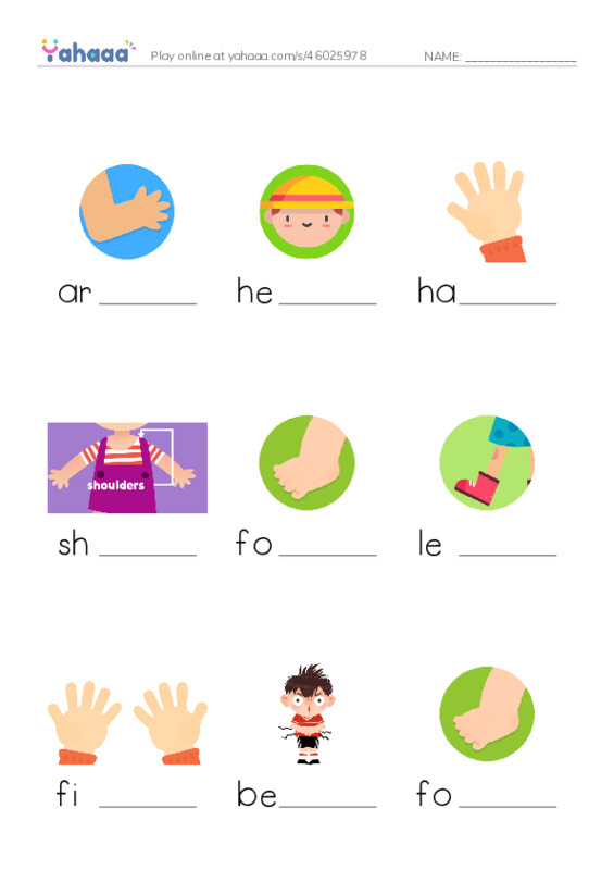 Finish the word worksheet for my body