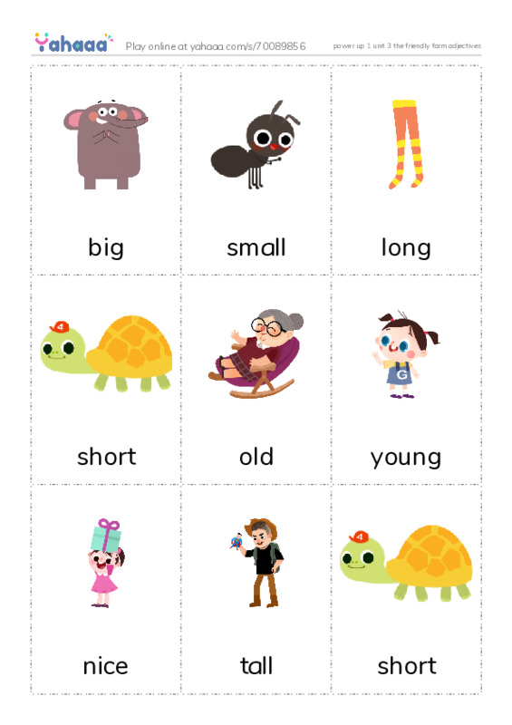 Picture flashcards worksheet for power up 1 unit 3 the friendly farm adjectives