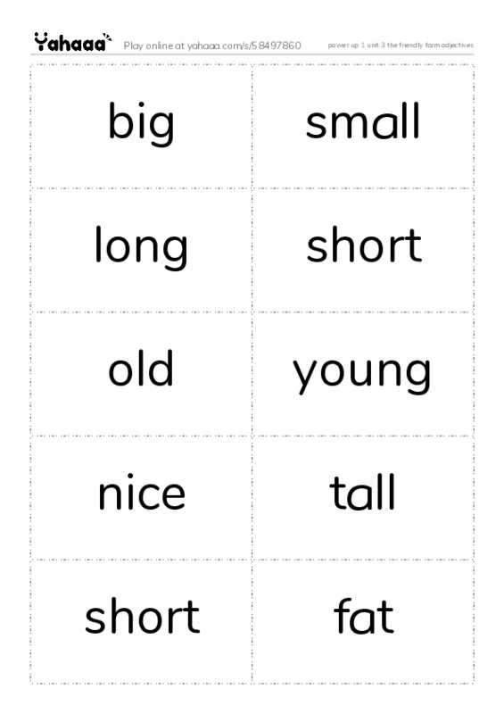 Word flashcards worksheet for power up 1 unit 3 the friendly farm adjectives