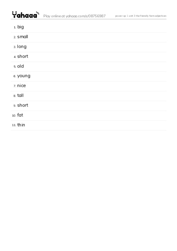 Word list with meanings worksheet for power up 1 unit 3 the friendly farm adjectives