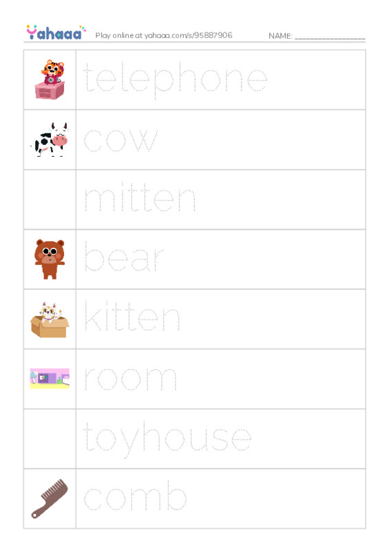 Picture and word rows worksheet for goodnight moon