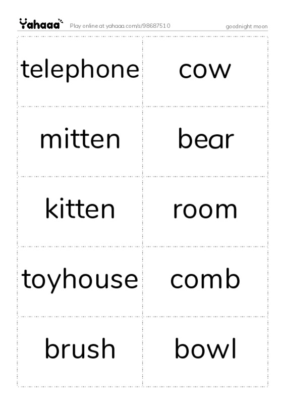 Word flashcards worksheet for goodnight moon