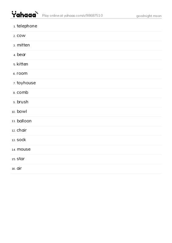 Word list with meanings worksheet for goodnight moon