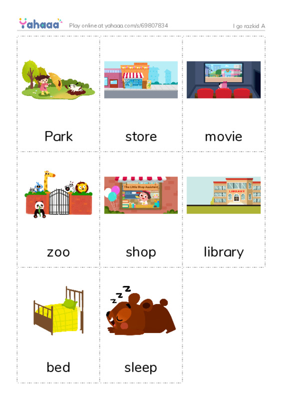 Picture flashcards worksheet for I go razkid A