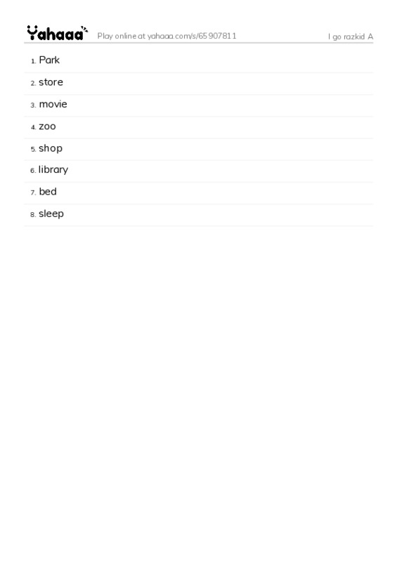 Word list with meanings worksheet for I go razkid A
