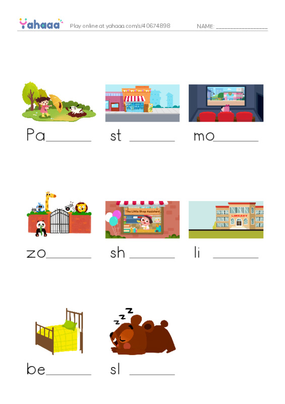 Finish the word worksheet for I go razkid A