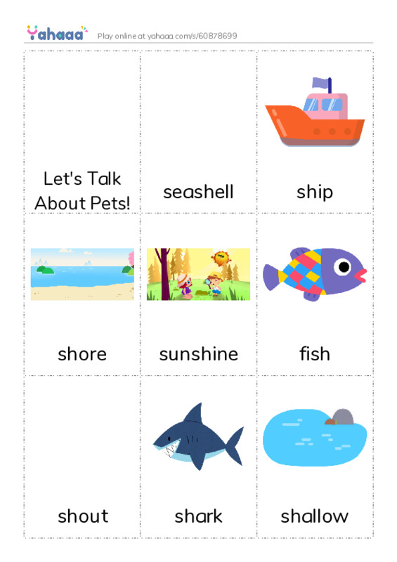 Picture flashcards worksheet for Let's Talk About Pets!, seashell, ship and 12 more