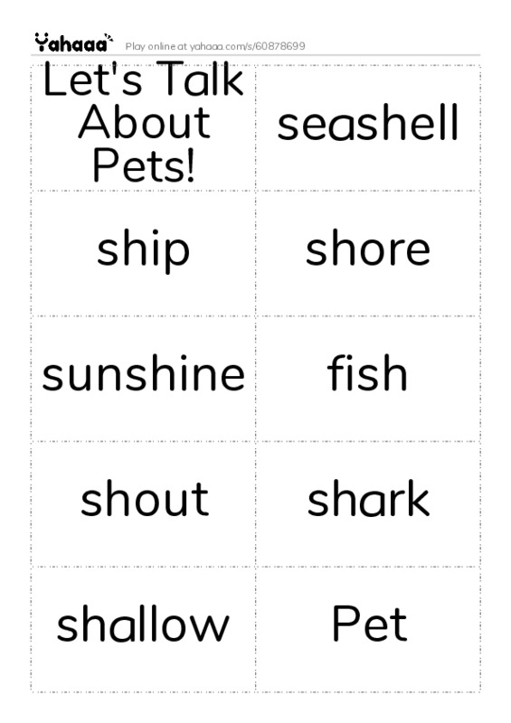 Word flashcards worksheet for Let's Talk About Pets!, seashell, ship and 12 more