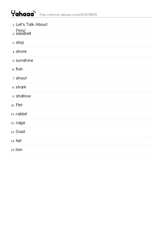 Word list with meanings worksheet for Let's Talk About Pets!, seashell, ship and 12 more