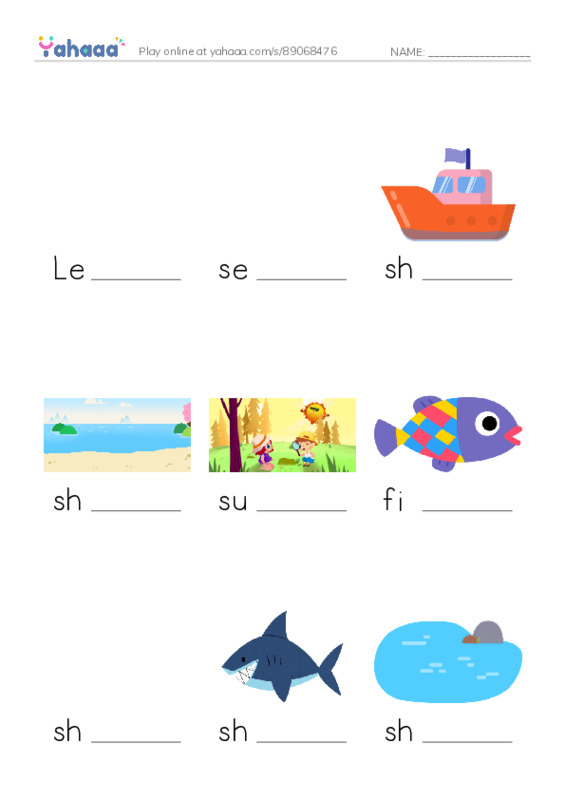 Finish the word worksheet for Let's Talk About Pets!, seashell, ship and 12 more