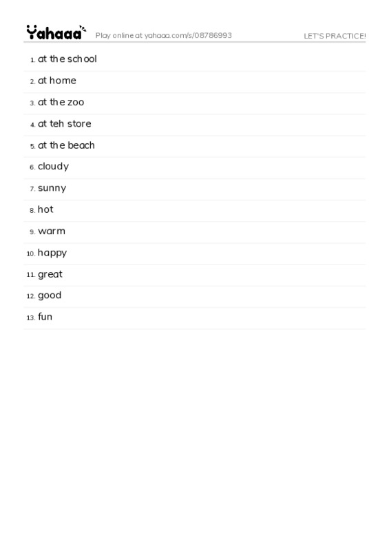 Word list with meanings worksheet for LET'S PRACTICE!