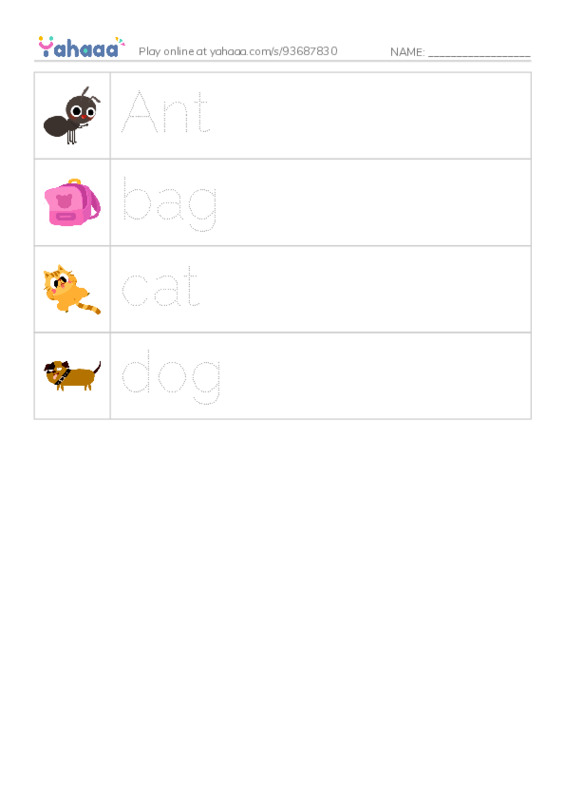 Picture and word rows worksheet for Letters