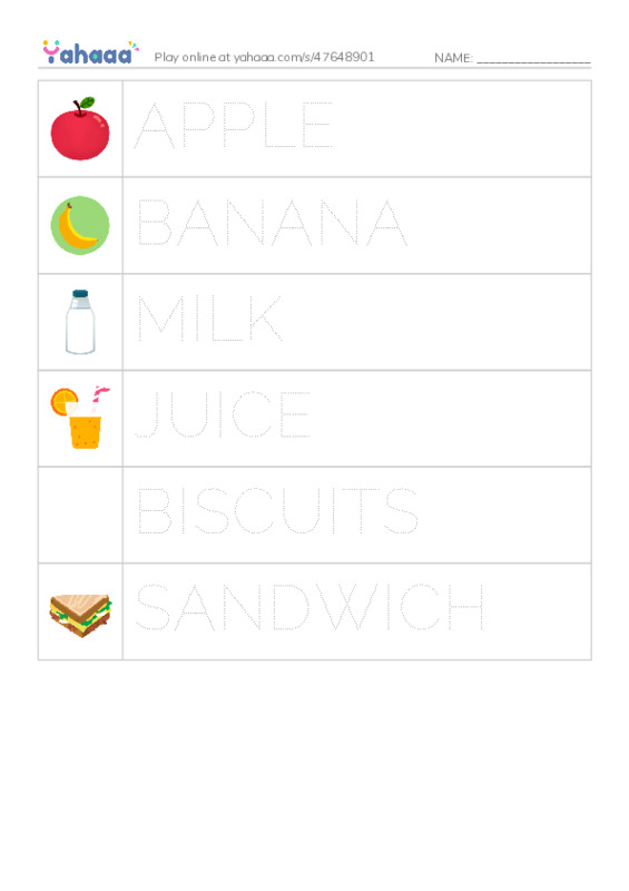 Picture and word rows worksheet for FOOD
