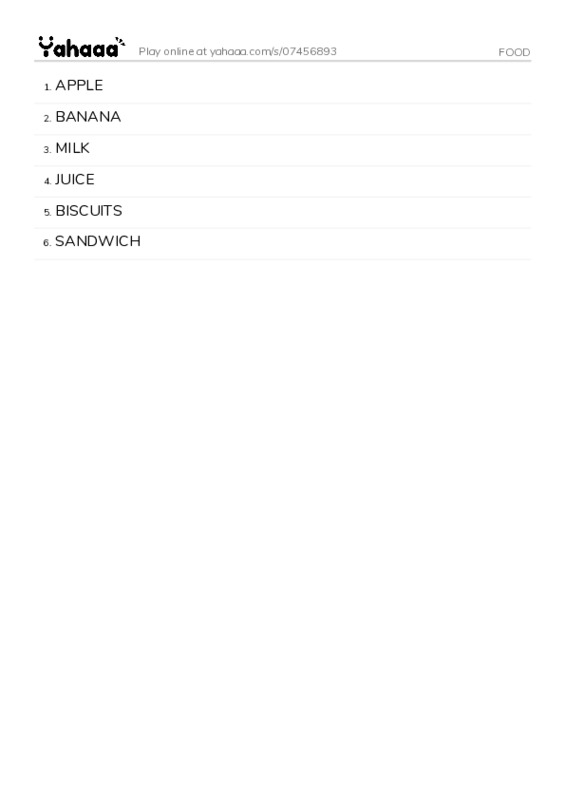 Word list with meanings worksheet for FOOD