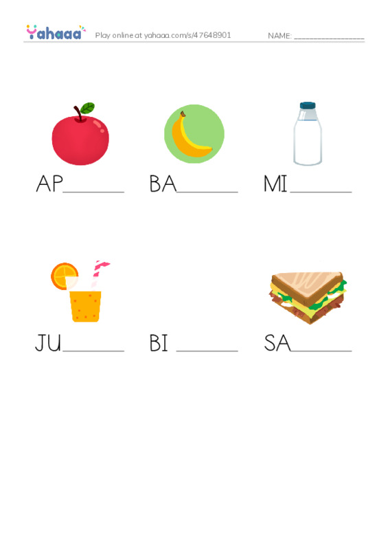 Finish the word worksheet for FOOD