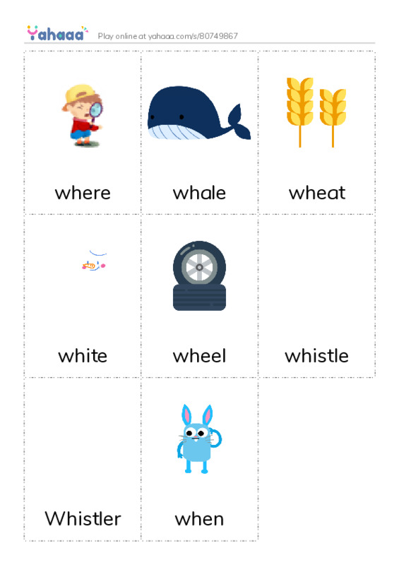 Picture flashcards worksheet for where, whale, wheat and 5 more