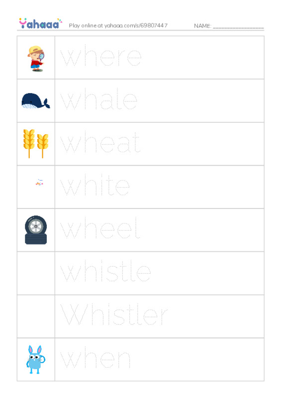 Picture and word rows worksheet for where, whale, wheat and 5 more