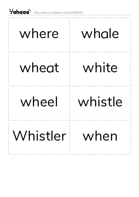Word flashcards worksheet for where, whale, wheat and 5 more