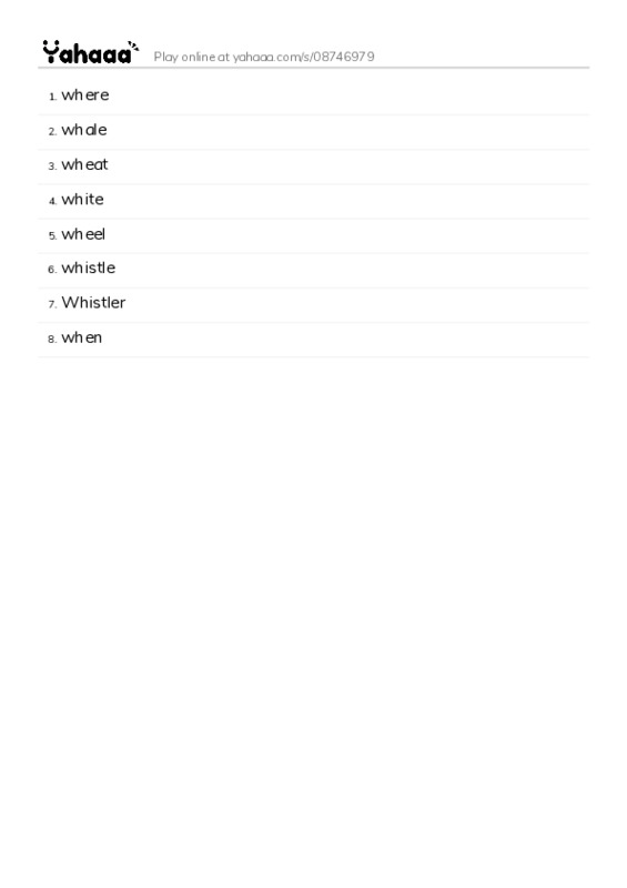 Word list with meanings worksheet for where, whale, wheat and 5 more