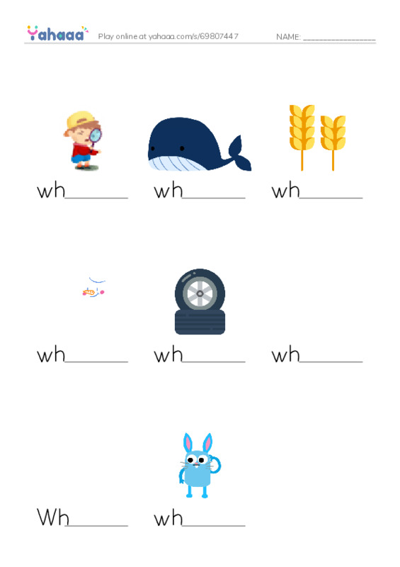 Finish the word worksheet for where, whale, wheat and 5 more