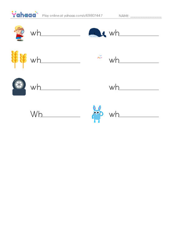 Write the word rows worksheet for where, whale, wheat and 5 more