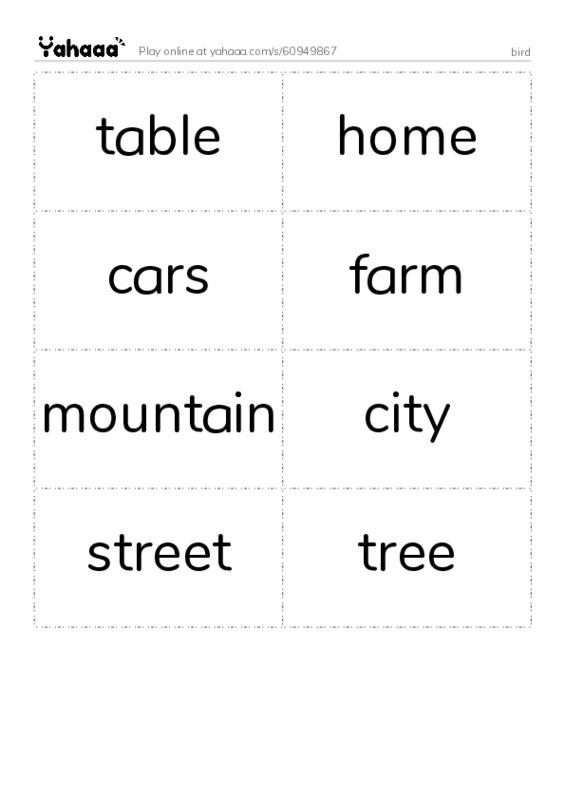 Word flashcards worksheet for bird