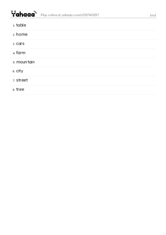 Word list with meanings worksheet for bird