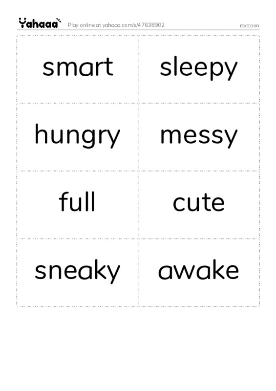 Word flashcards worksheet for raccoon