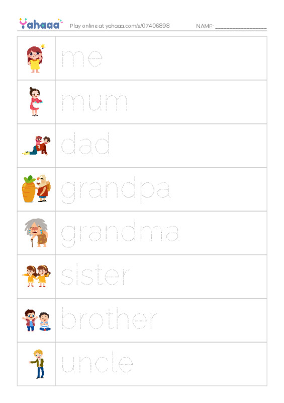 Picture and word rows worksheet for family