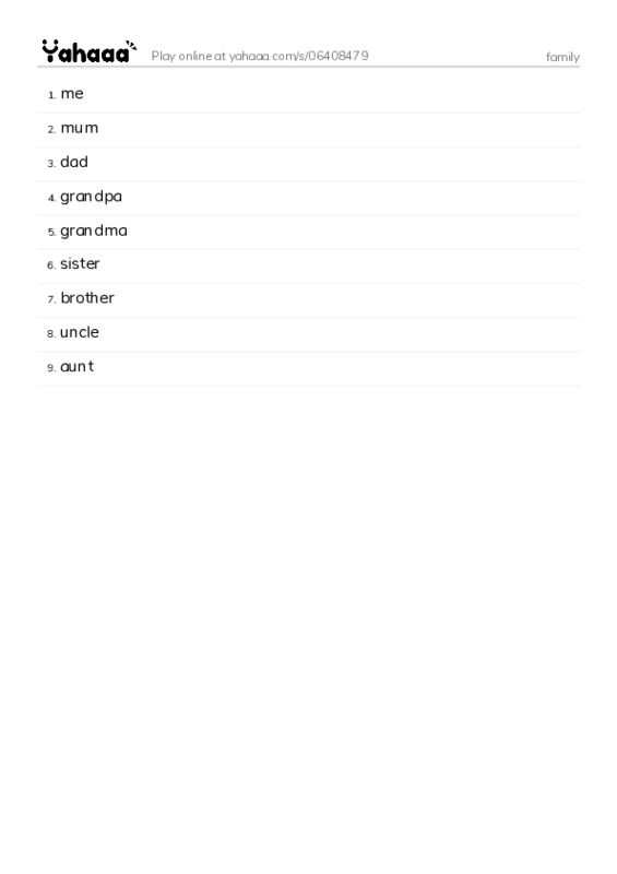 Word list with meanings worksheet for family