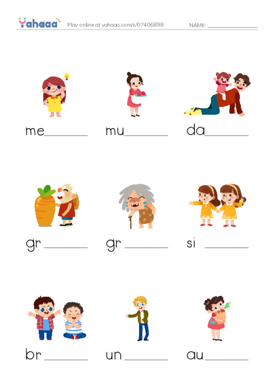 Finish the word worksheet for family