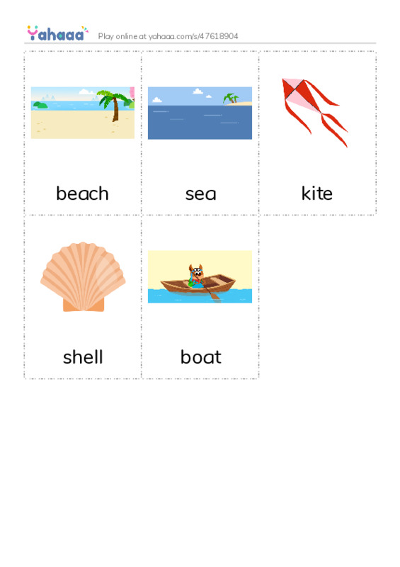 Picture flashcards worksheet for beach, sea, kite and 2 more